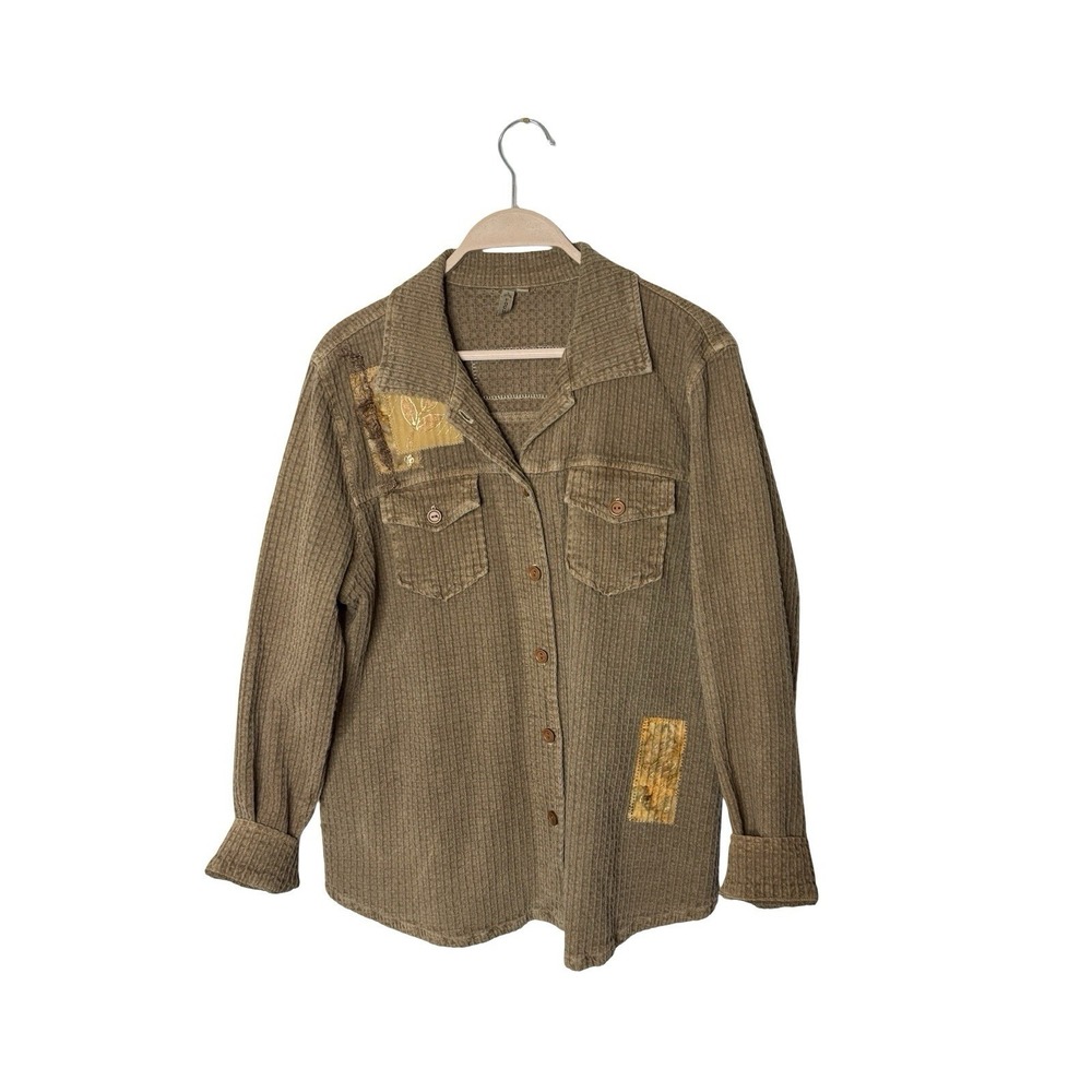 Focus womens size medium waffle button shirt shacket leaves fall brown‎
